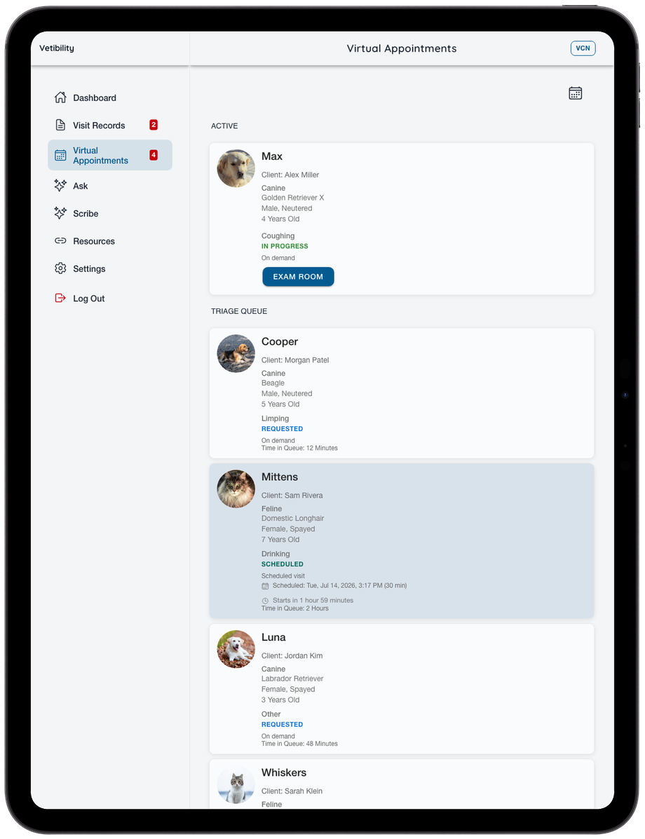 Vetibility on iPad: clinic visit and telehealth workflow (VCN)