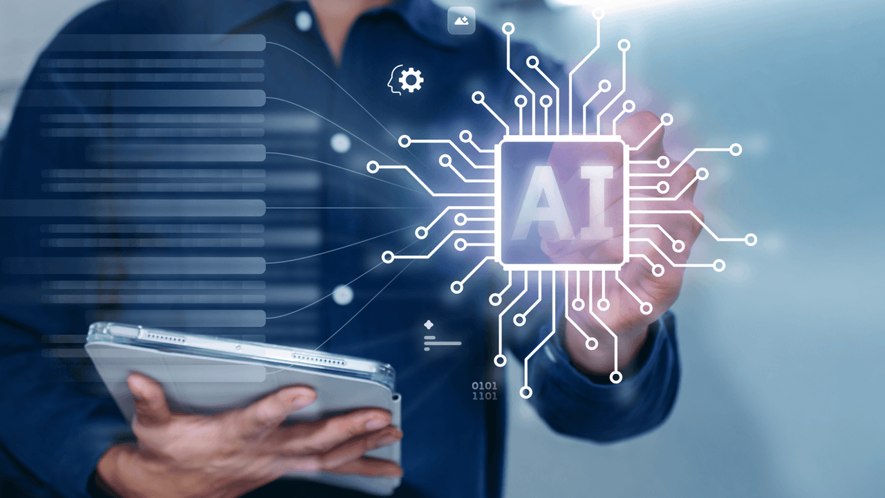 Professional using a tablet with a holographic AI interface representing veterinary clinical AI tools