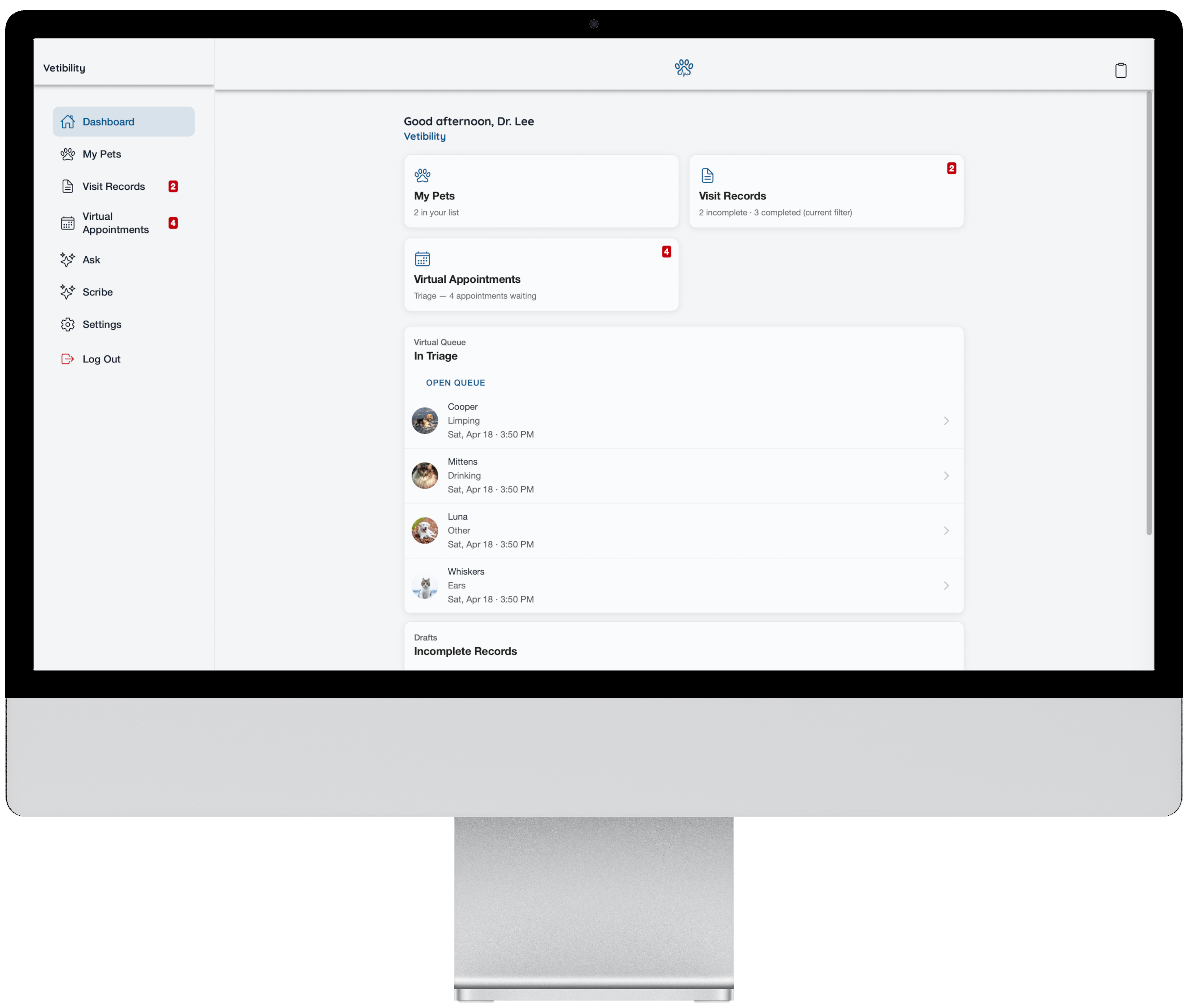 Vetibility web app: dashboard, triage, visit records, and telehealth