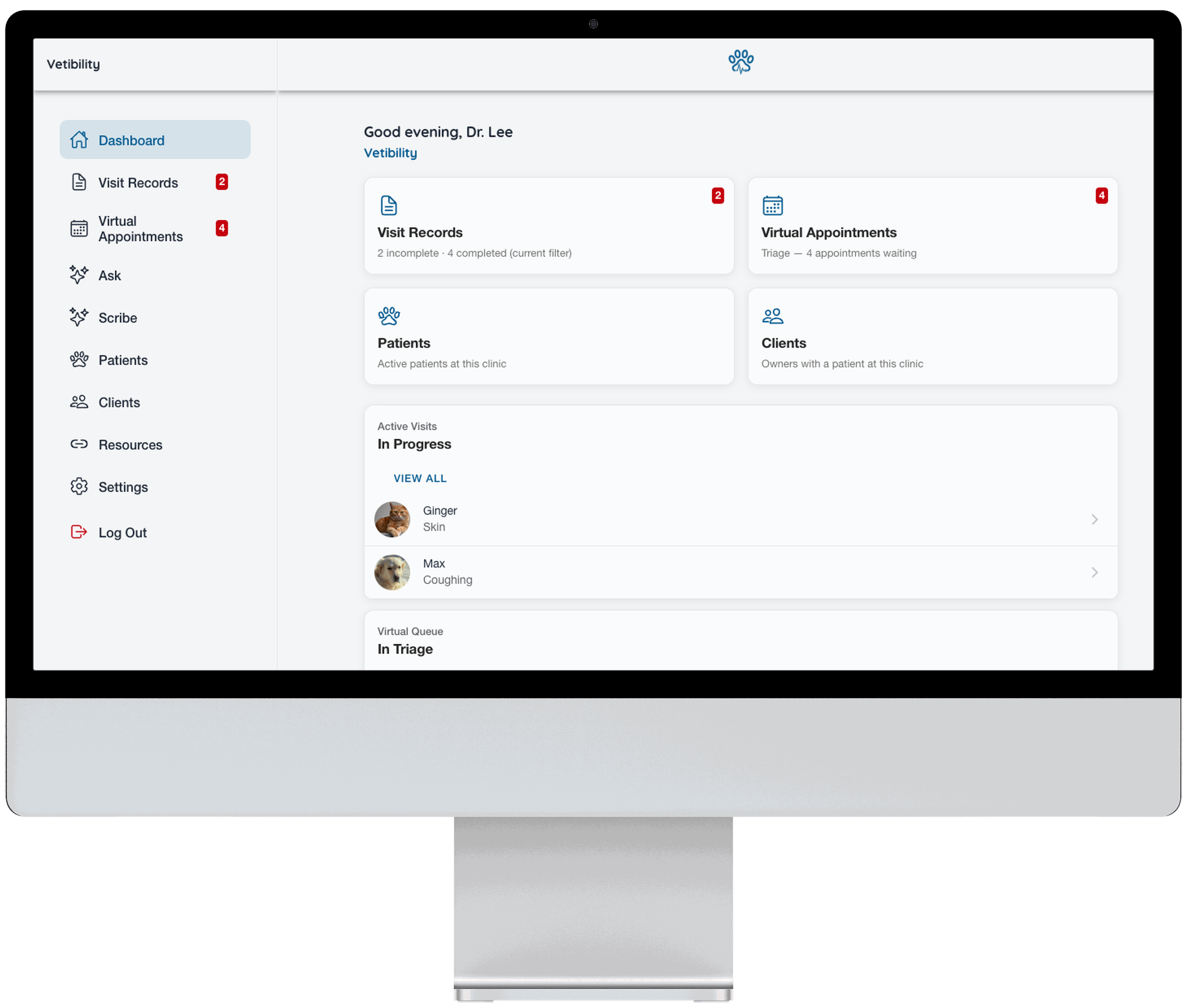 Vetibility web app: dashboard, triage, visit records, and telehealth