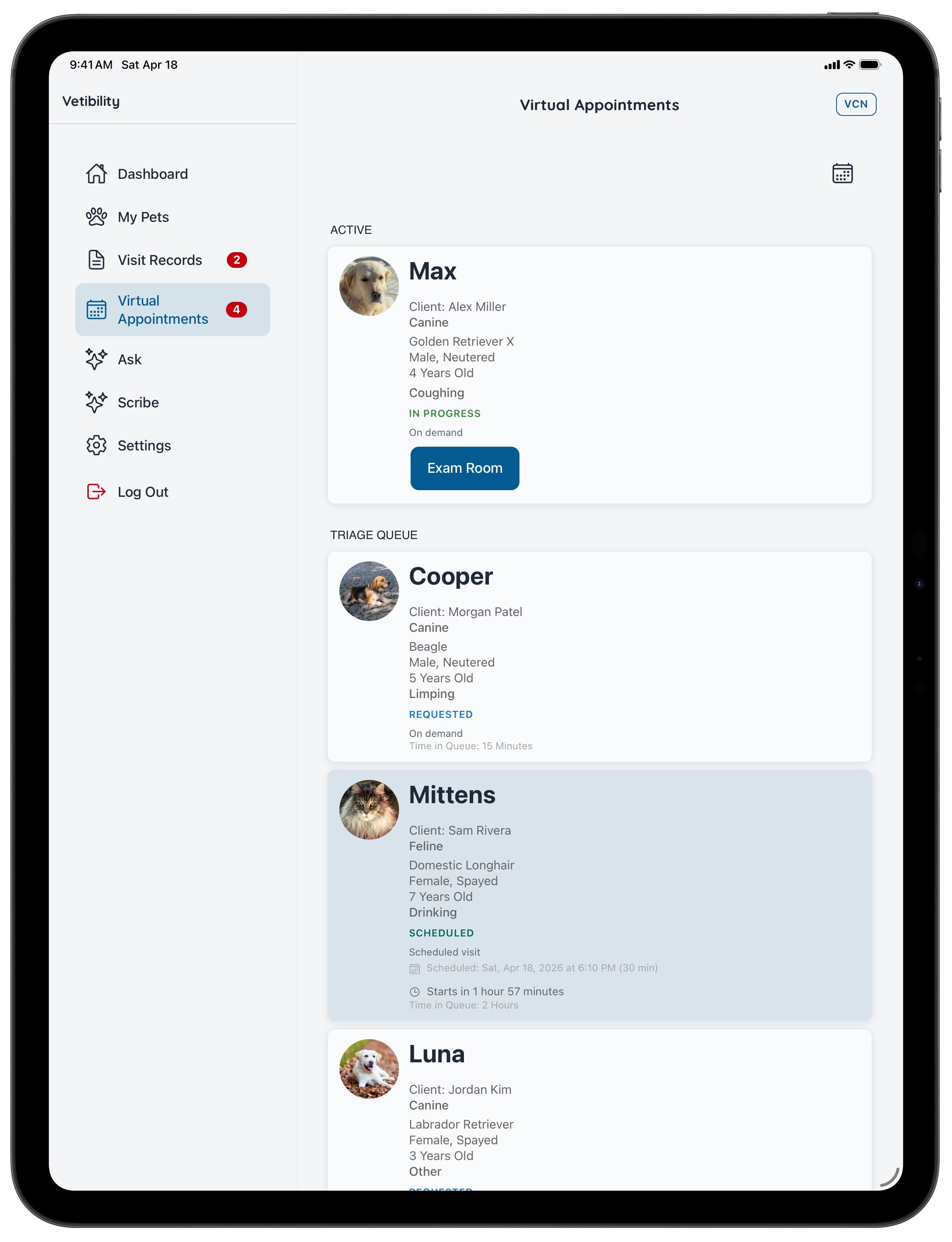 Vetibility on iPad: clinic visit and telehealth workflow (VCN)