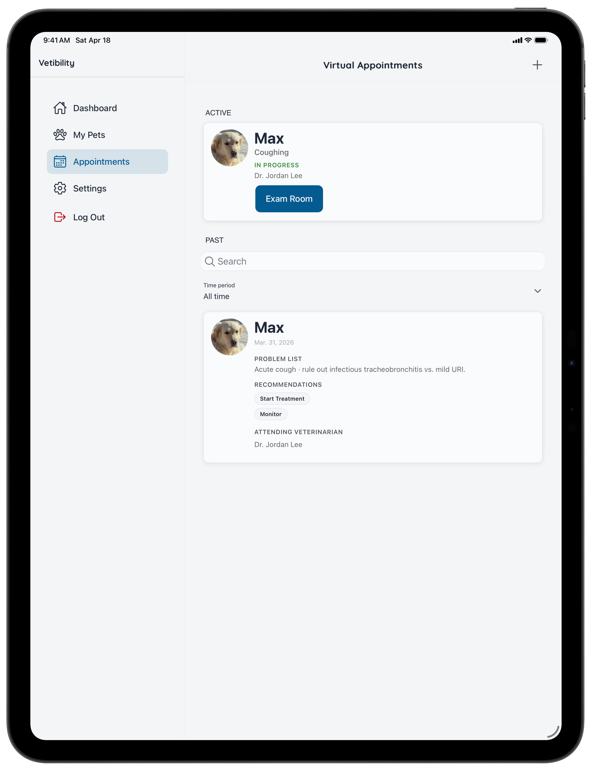 Vetibility virtual appointments on iPad for pet owners