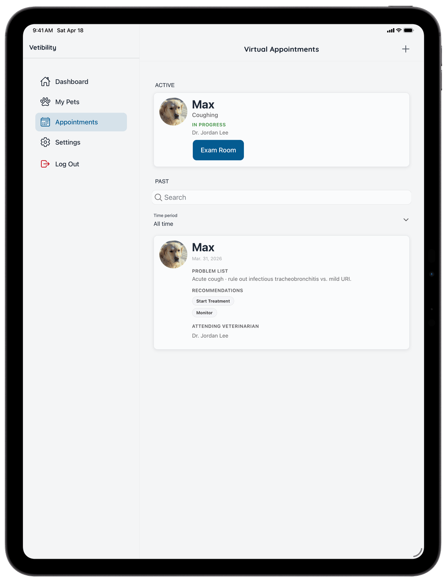 Vetibility virtual appointments on iPad for pet owners